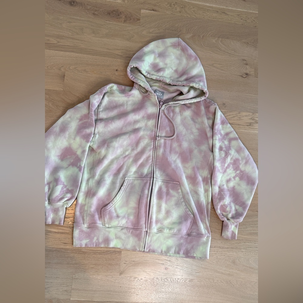 TNA cozy fleece pink green tie dye zip up sweatshirt size 1